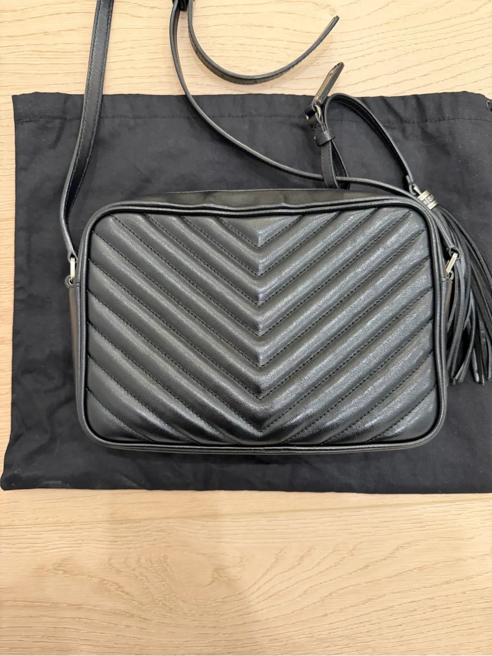 YSL Saint Laurent Black Quilted Leather Camera Crossbody with Tassel